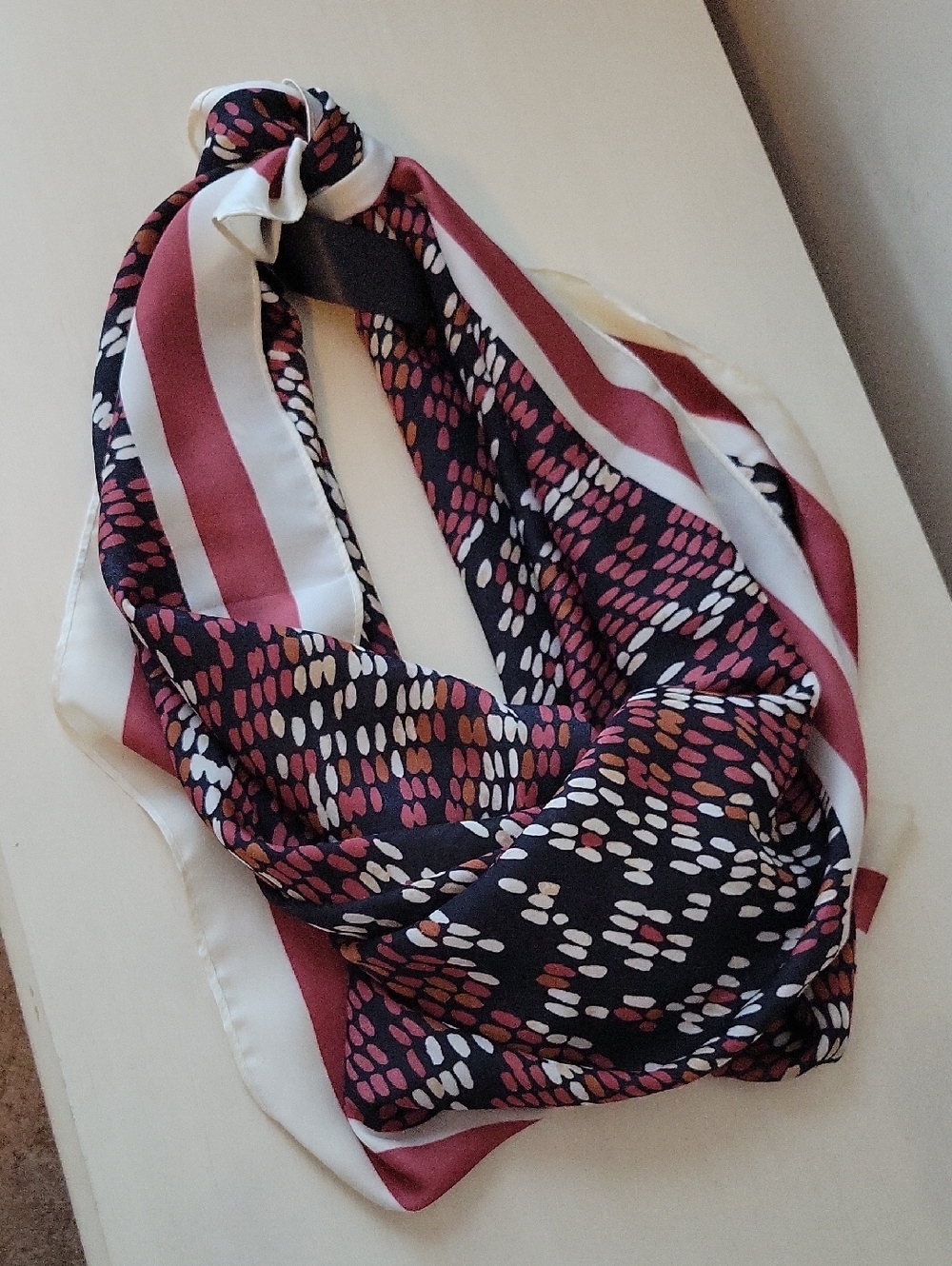 Printed Multi-Color Silk-Look Scarf in Pink, Black & White